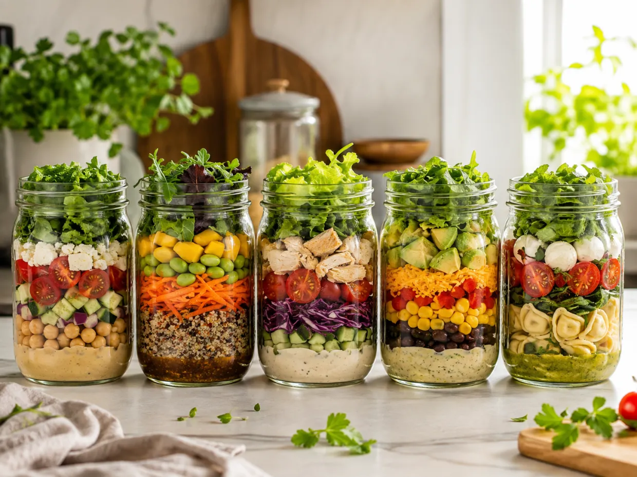Five layered salad jars lined up on the kitchen counter, each with its dressing at the bottom and greens on top