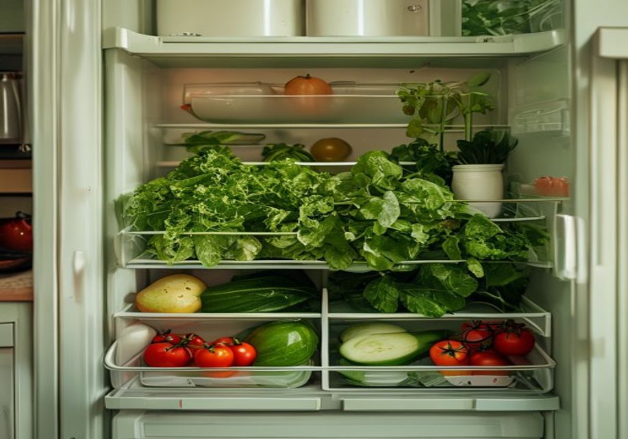 An open fridge with loose, unprepared vegetables — nothing ready to eat