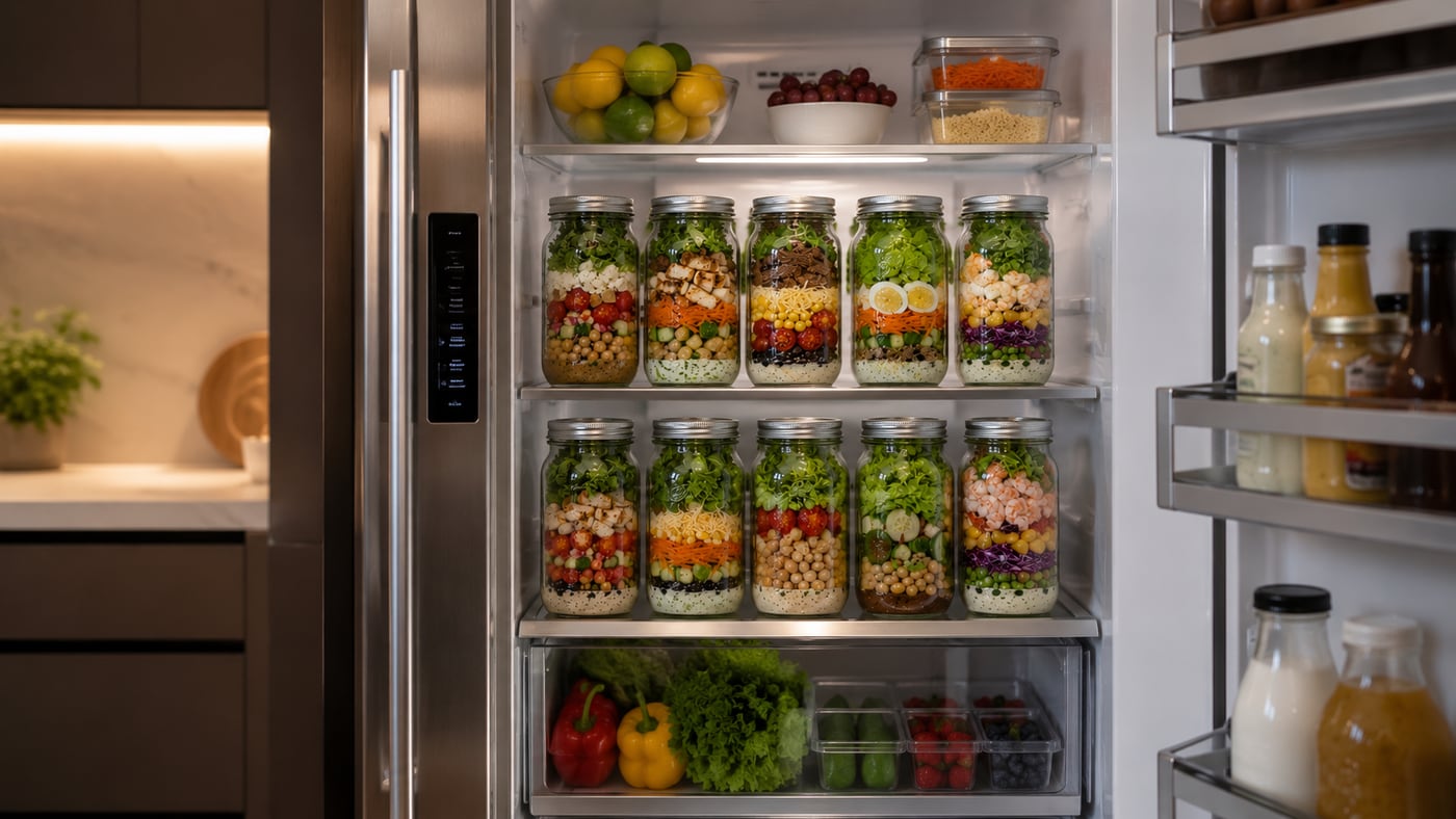 Layered salad jars lined up inside the fridge