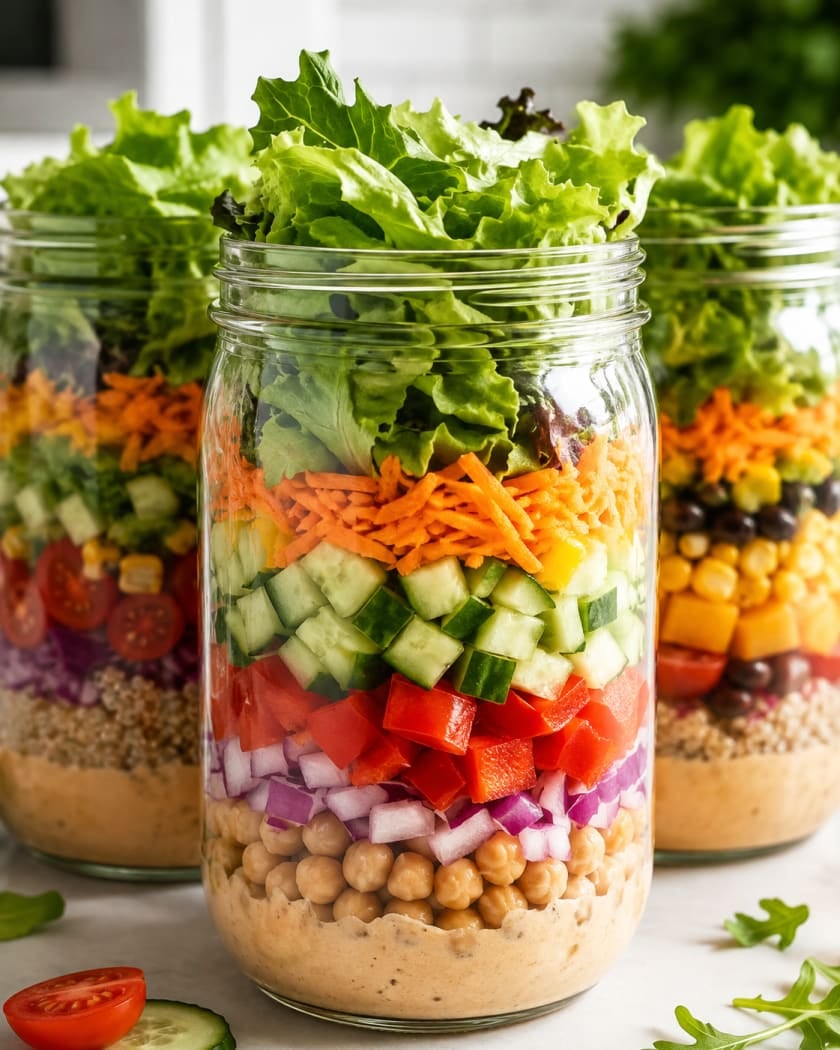 Three glass jars of layered salad: dressing at the bottom, chickpeas, red onion, bell pepper, cucumber, carrot and greens on top