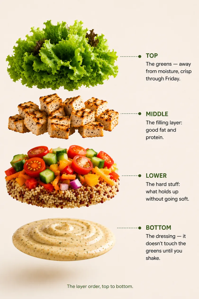 The layer order, top to bottom: on top the greens, away from moisture and crisp through Friday; in the middle the filling layer, good fat and protein; lower down the hard stuff, what holds up without going soft; and at the bottom the dressing, which doesn't touch the greens until you shake.
